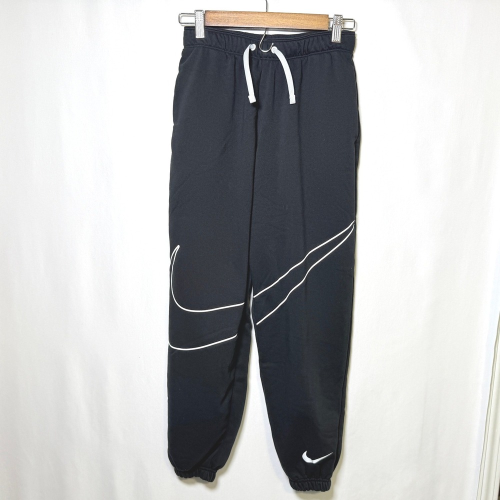 Nike Big Kids French Terry Pants Black White Swoosh Joggers DV3256-010 Size M